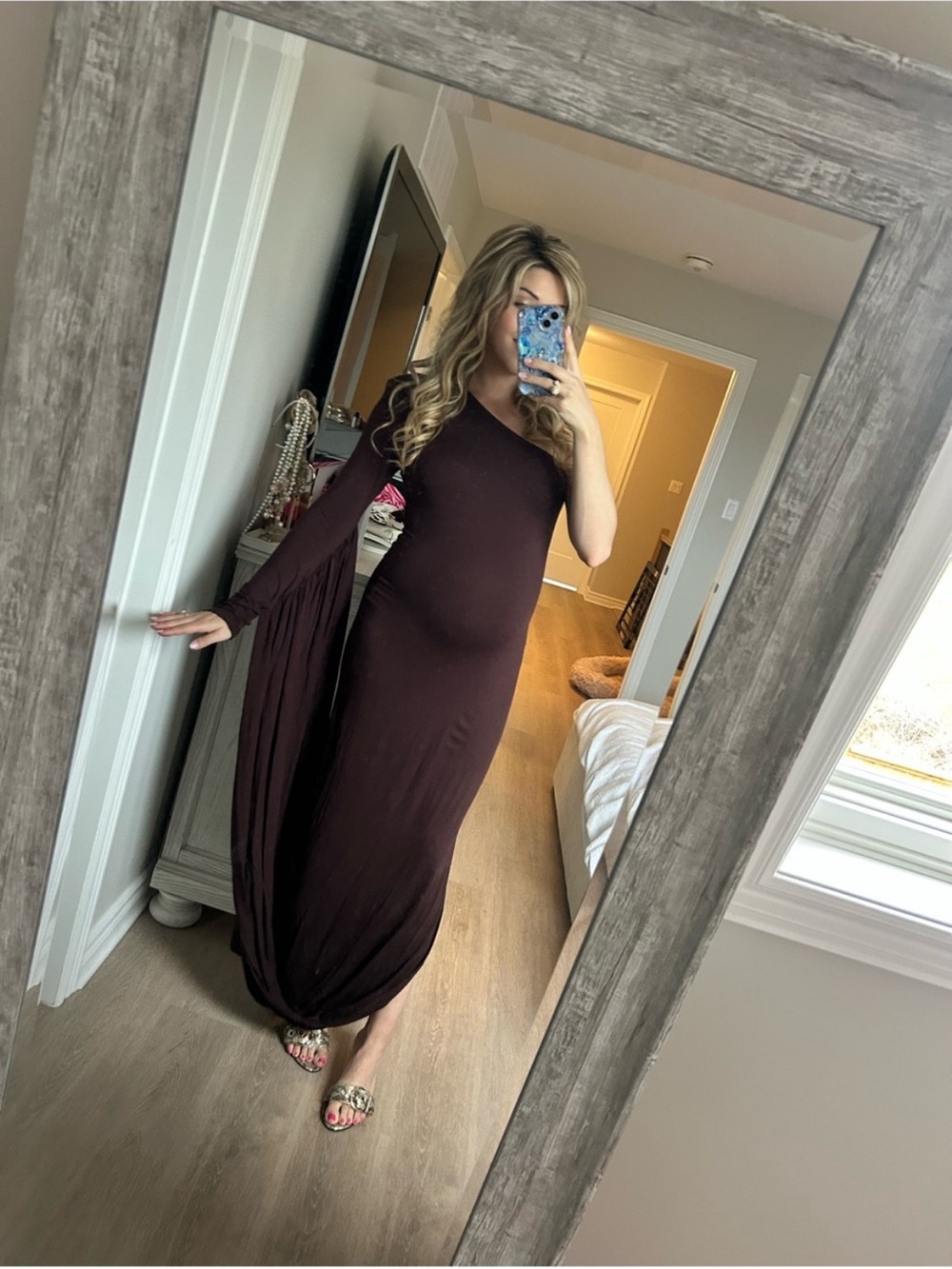 Women's One-Shoulder Long Sleeve Maxi Dress - Chocolate